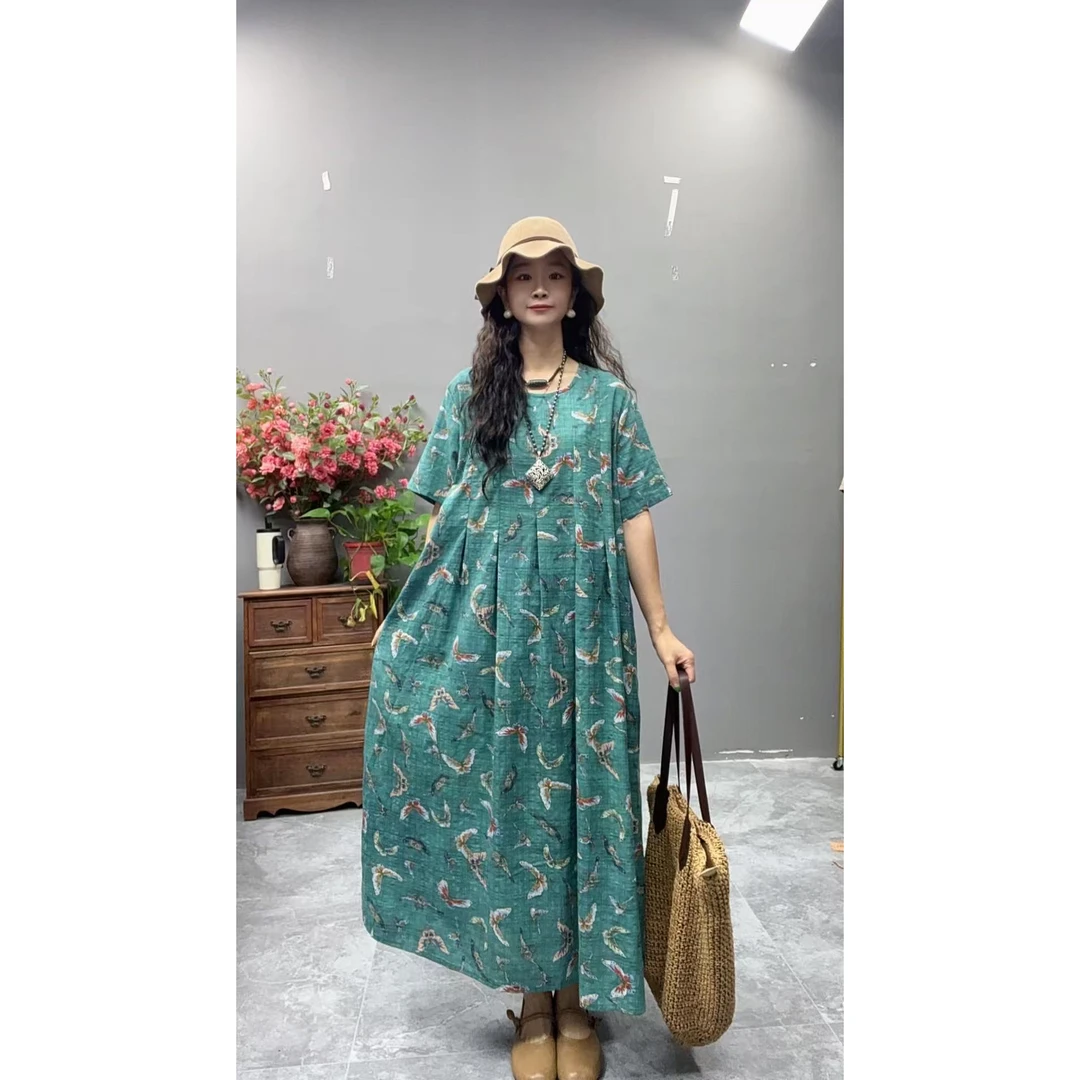 5195夏季新款显瘦气质时尚女百搭休闲文艺复古印花洋气宽松连衣裙