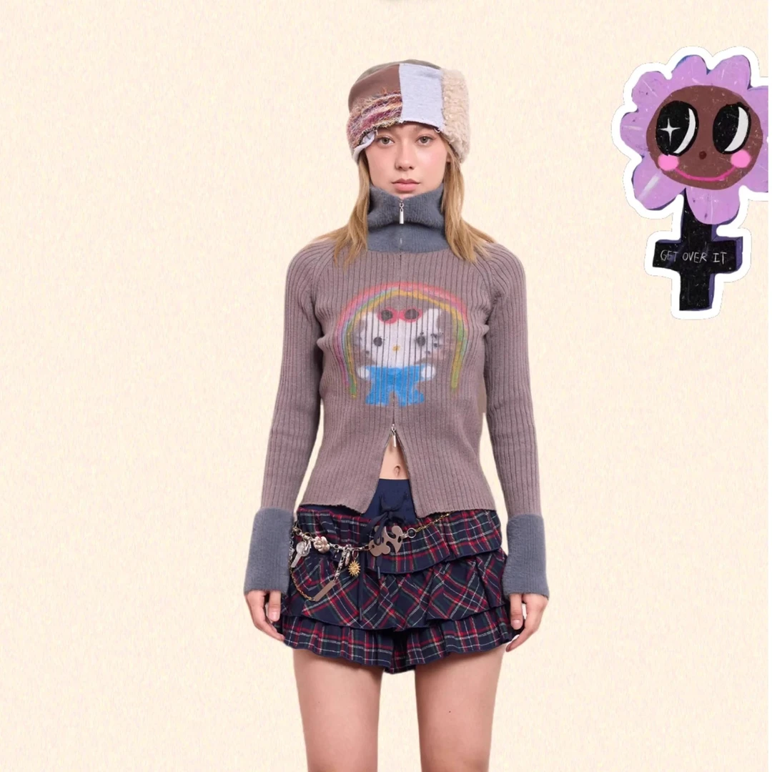 【自播】真瑕疵iscreamcolour艺术家印花针织开衫高领拉链修身外套