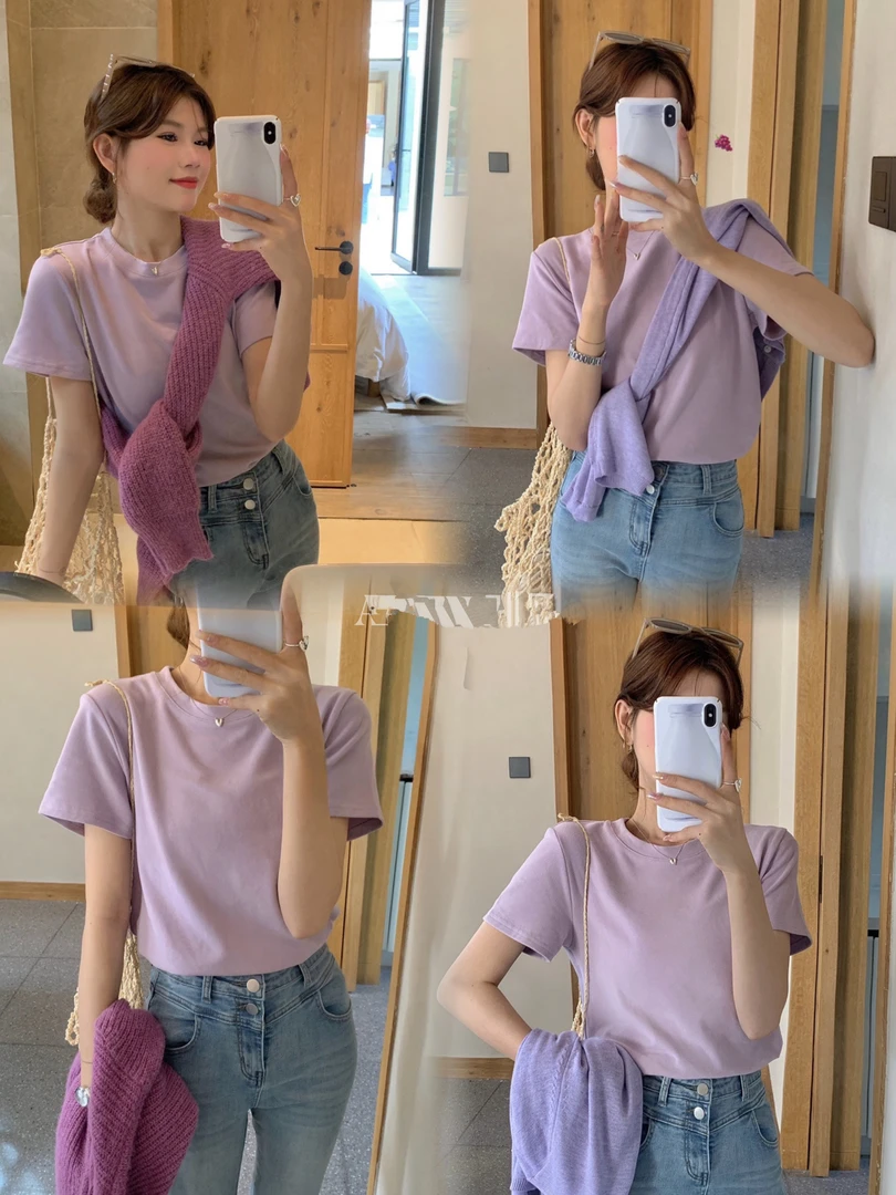 正肩短袖t恤女夏2025年新款白色圆领内搭夏季纯色百搭打底衫上衣