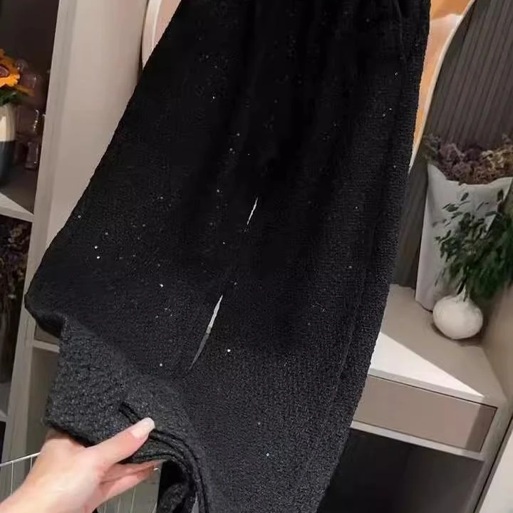 梨形身材松紧高腰亮片阔腿裤女秋冬季大码胖mm显瘦遮胯百搭直筒裤