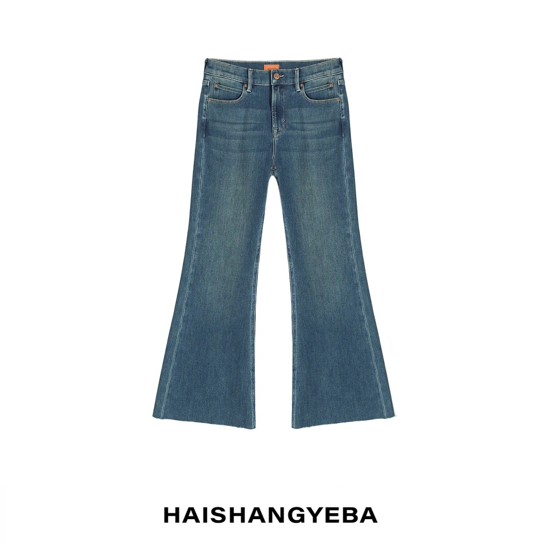 【海上叶爸】新款2025春秋百搭棉中高腰水洗直筒毛边喇叭牛仔裤