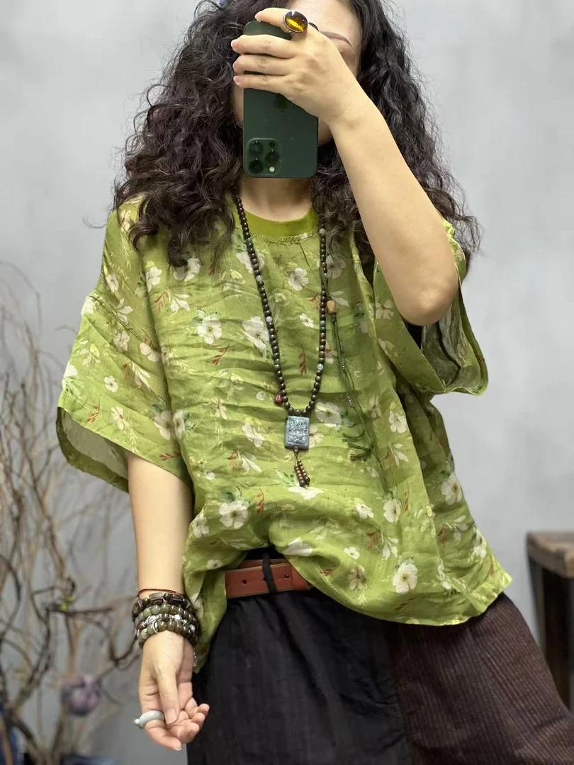 G1 10881 夏季新品花色苎麻文艺休闲女士上衣 胸围128长57