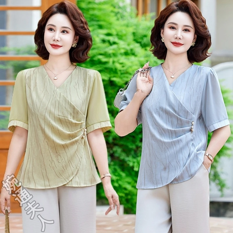 中老年女装夏装短袖T恤新款50岁妈妈款夏天衣服小衫洋气上衣高贵