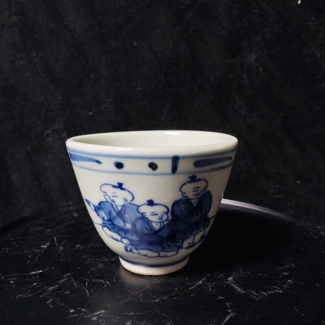 景德镇陶瓷老陶泥青花手绘童子婴戏纹主人杯 釉下彩单杯茶杯客杯