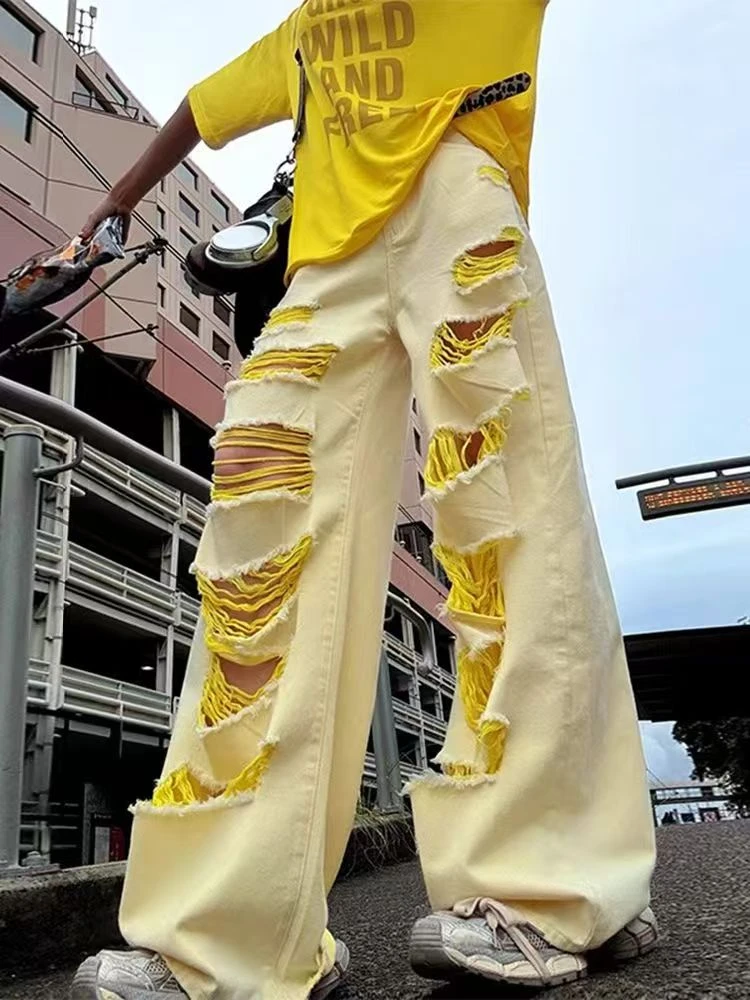 美式高街破洞牛仔裤女夏季新款小众设计感宽松直筒垂感阔腿拖地裤