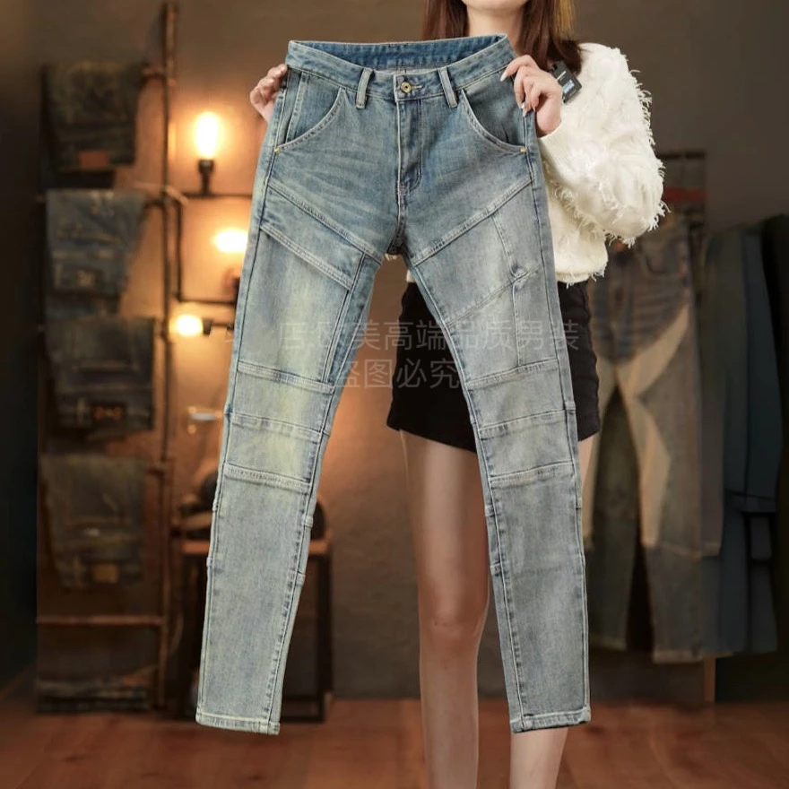 秋冬原创高端机车牛仔裤男士复古怀旧蓝色拼接个性修身小脚弹力潮