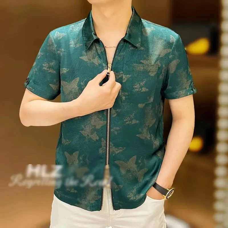 2025夏季新款修身男士珠光缎面鎏金蝴蝶花翻领双拉链开衫短袖衬衫