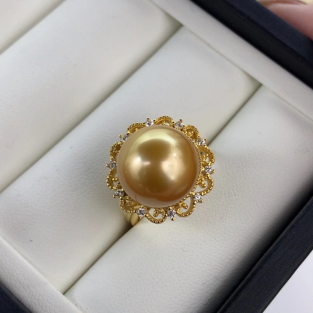 定制海水珍珠银S925镶嵌戒指/指环南洋金珠13-14mm