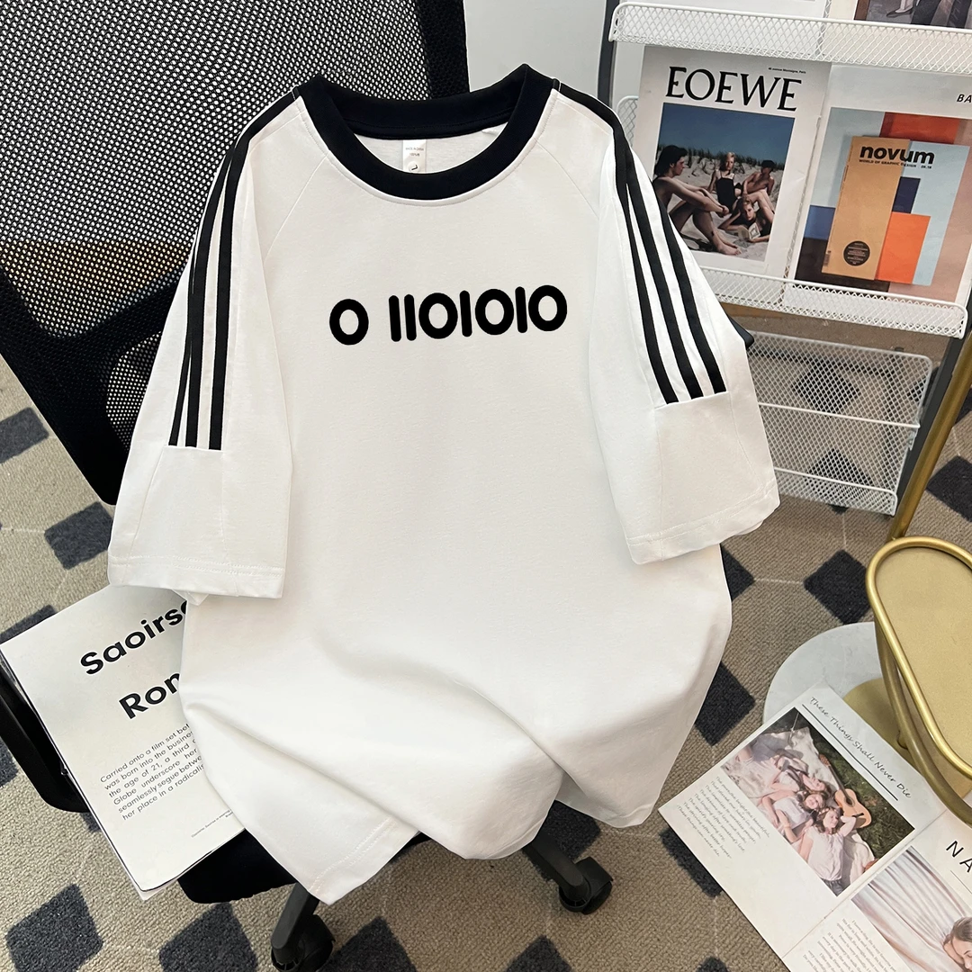 重磅纯棉插肩袖拼接条纹t恤男生夏季美式宽松休闲百搭圆领半袖T恤