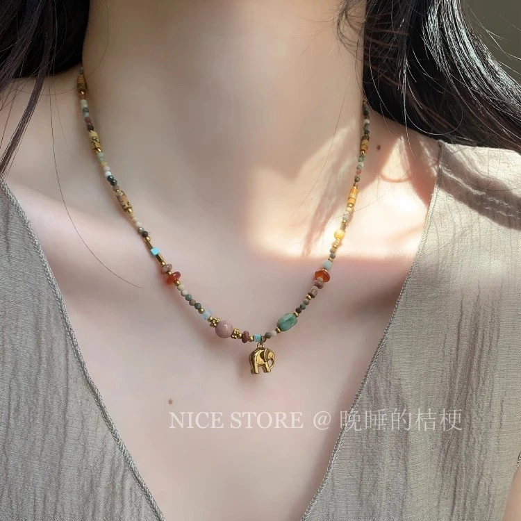 合金项链 晚睡的桔梗「云南」彩色小象项链设计感新中式复古项链女
