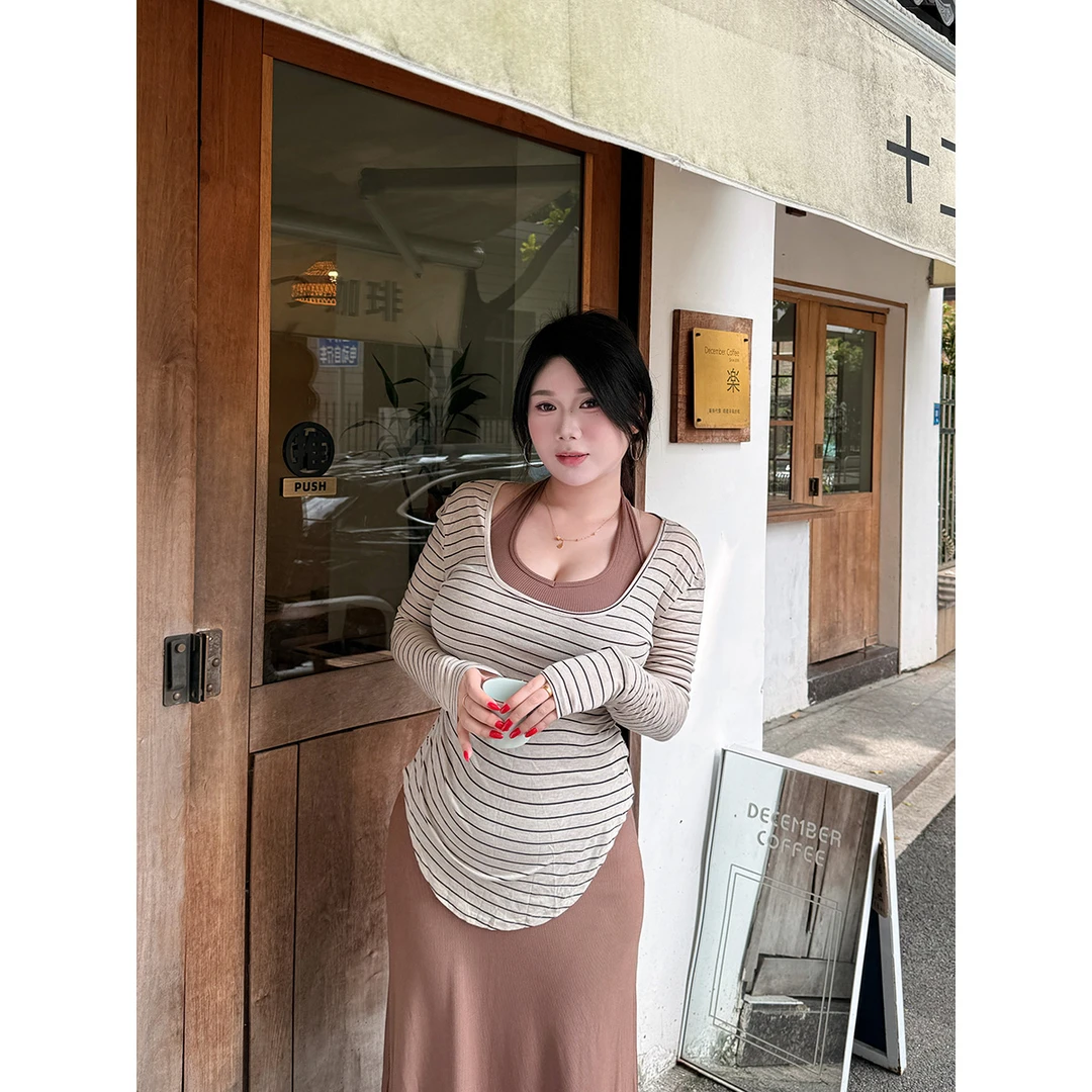 醉月衫【软糯舒适区】新款条纹U领长袖不规则修身显瘦打底衫上衣