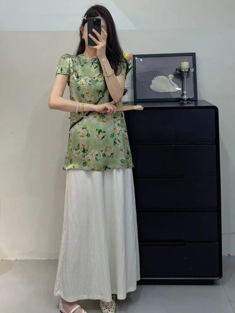 02566  张十柒国风立领斜襟盘扣复古印花短袖衬衫女裤子