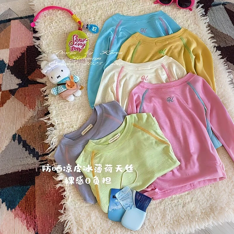女童冰丝防晒T恤夏季2025新款儿童简约宽松夏装女孩长袖上衣洋气