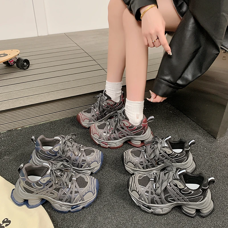 真皮绑带增高老爹鞋女款2025新款秋季复古厚底网面透气休闲运动鞋