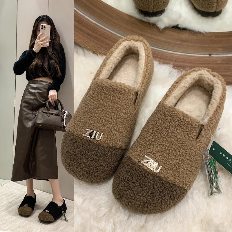 2025秋冬新款复古防滑软底加绒保暖爆款可外穿豆豆鞋女羔毛毛棉鞋