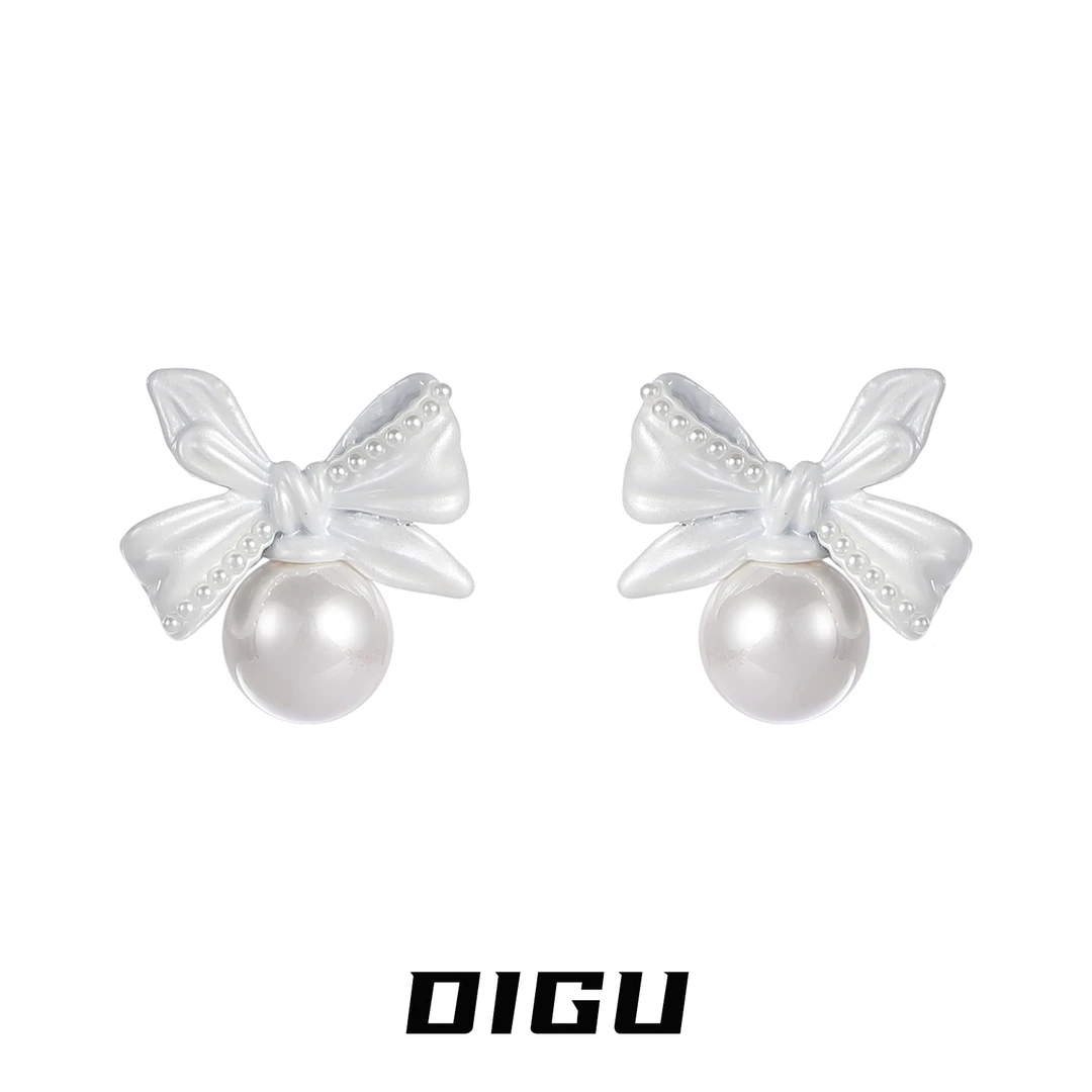 嘀咕家 铜合金仿珍珠耳饰 精致蝴蝶结耳环轻奢珍珠耳钉高级感耳饰