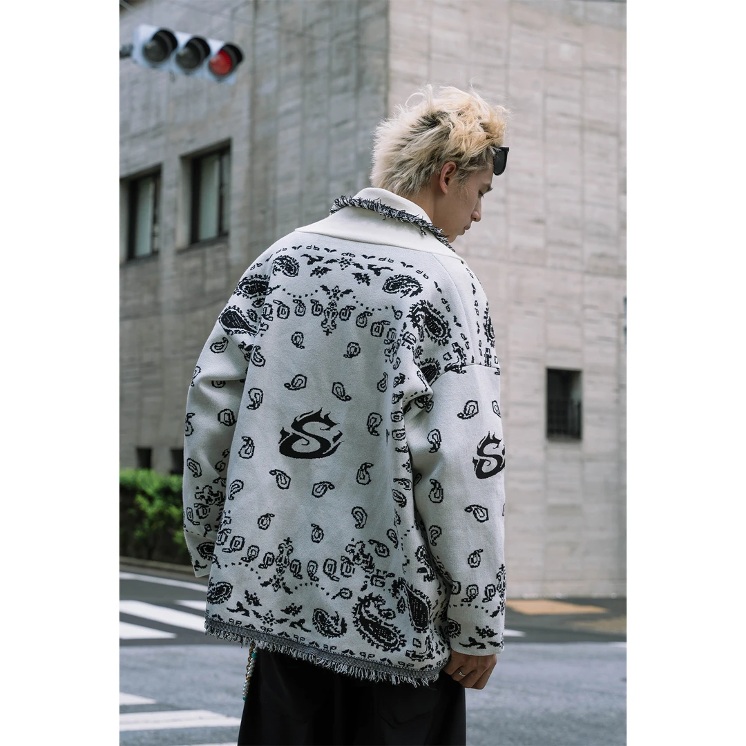 重工流苏腰果花秋冬新款提花针织开衫男宽松休闲毛衣外套8010