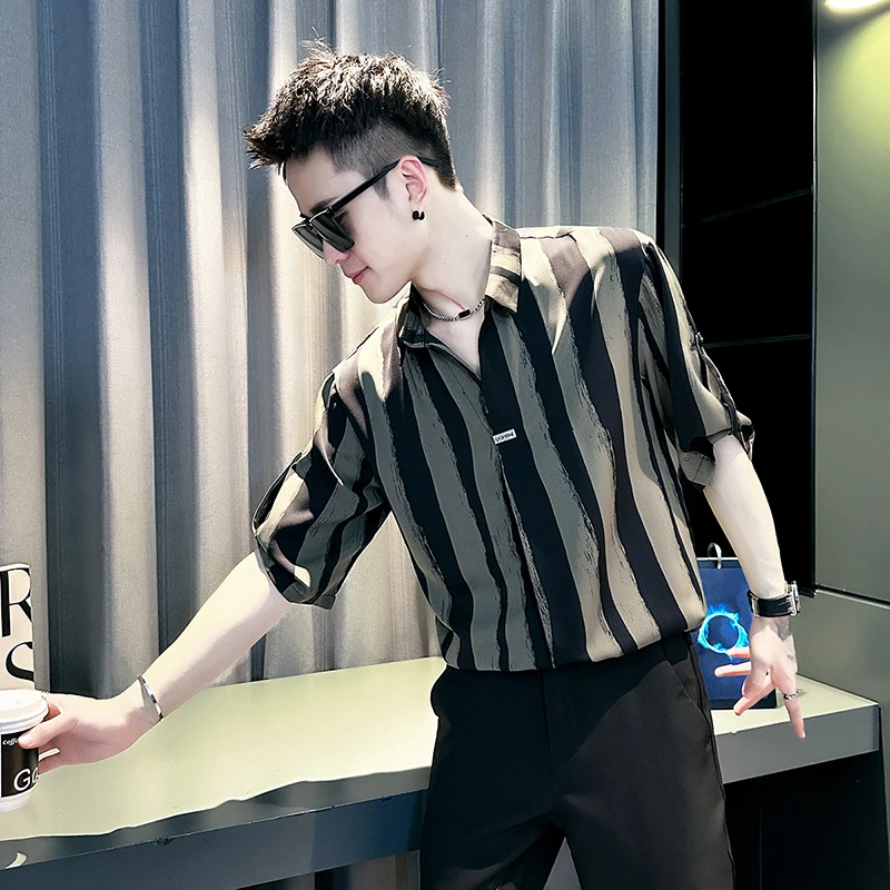痞帅冰丝条纹短袖衬衫夏季高级感薄款轻熟风衬衣男装五分袖上衣服