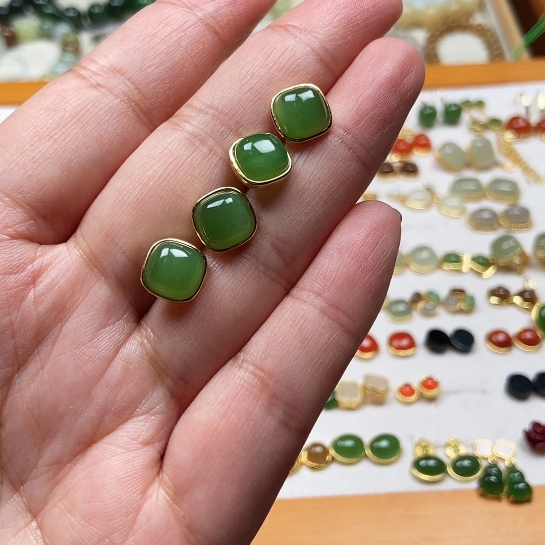 和田玉耳饰银S925镶嵌