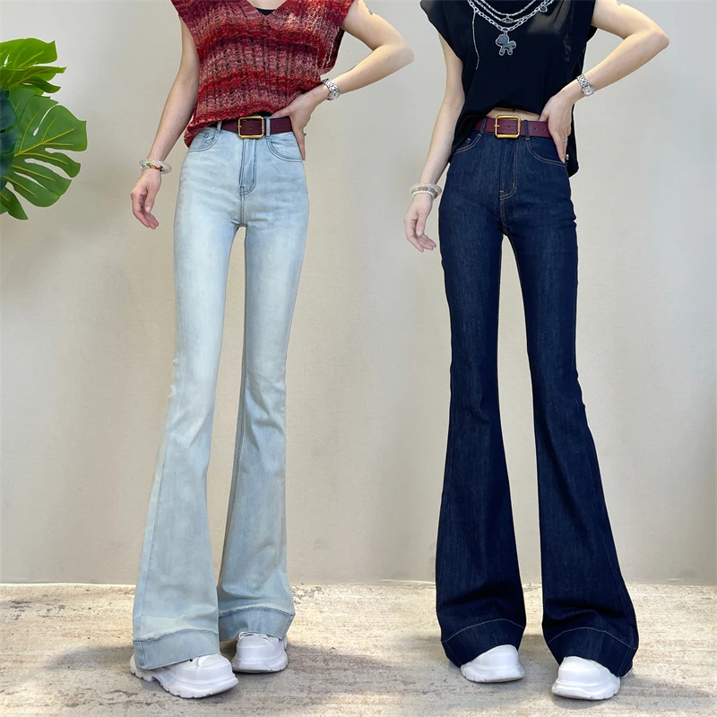 迪否秋季高腰微喇牛仔裤女2025新款修身显瘦喇叭裤6103