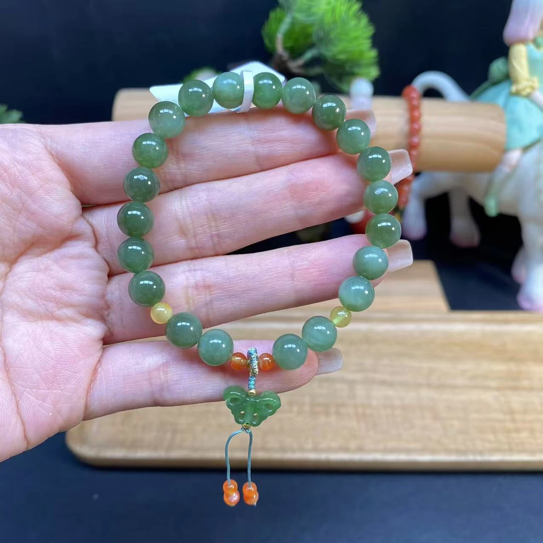 【和田碧玉7.5m手串】A1053搭配蜜蜡南红配和田玉蝴蝶吊坠时尚