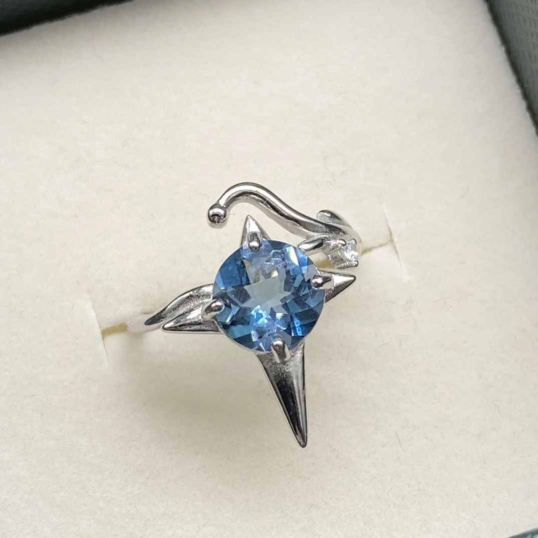 马赛克切工 天然伦敦蓝托帕石戒指s925银 主石8mm 开口戒创意个性