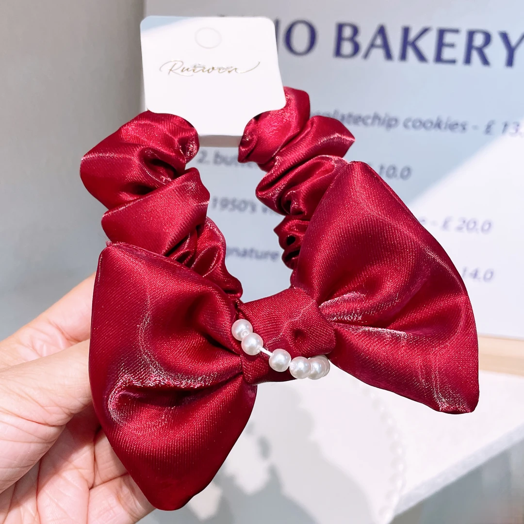 A-5356   rw  酒红色蝴蝶结珠珠可爱耐用高弹力肠圈    发圈