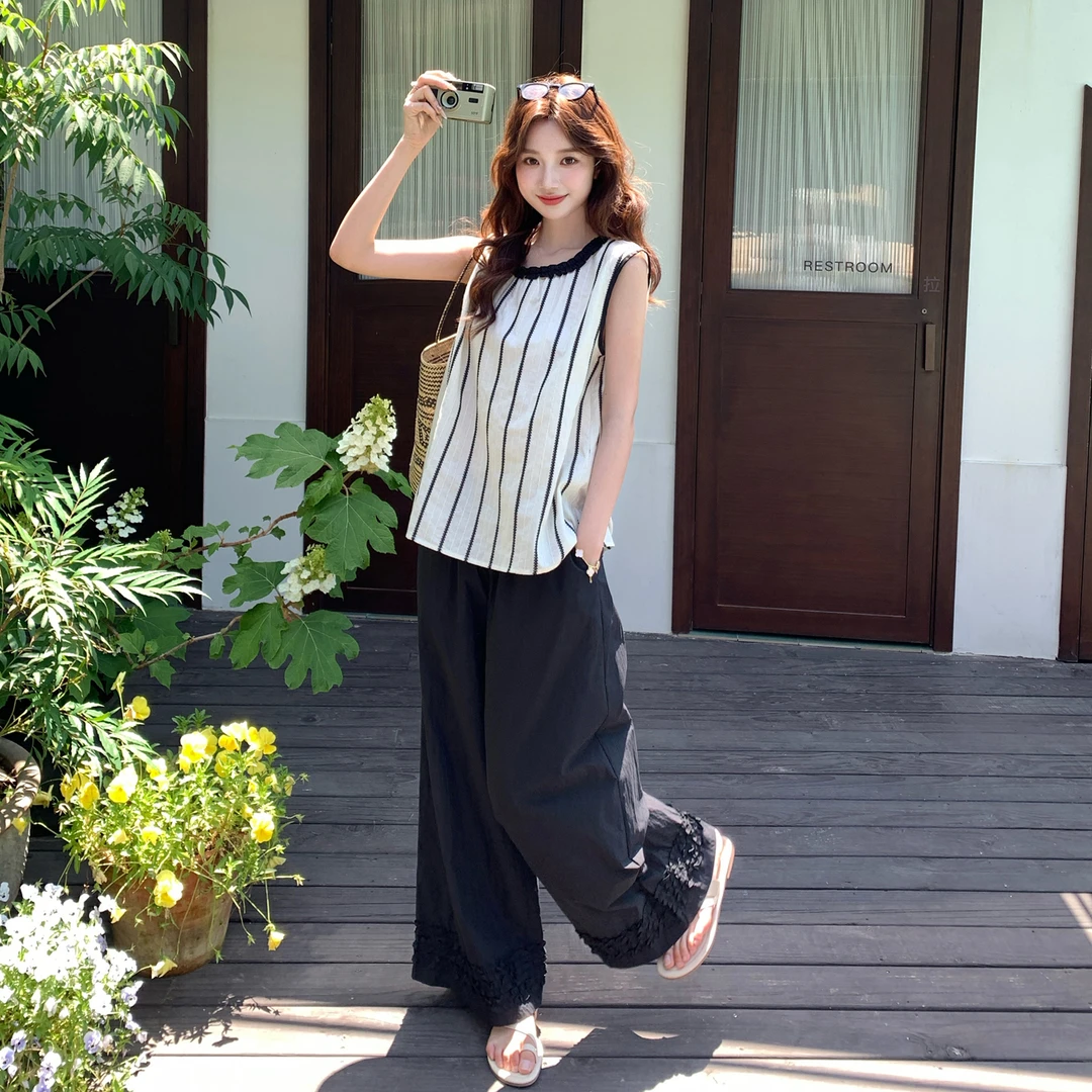 冷淡系轻熟风条纹衬衫阔腿裤两件套2025夏季新款御姐时尚炸街套装