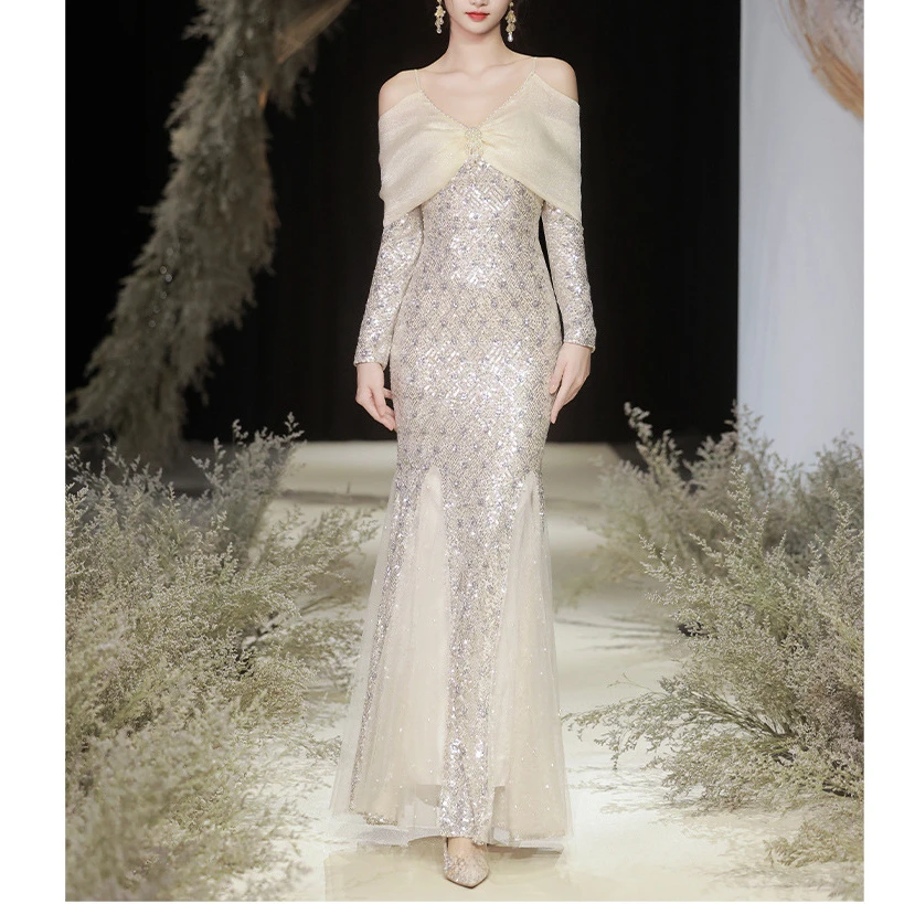 重工晚礼服吊带2025新款秋冬轻奢小众成人礼收腰鱼尾亮片礼服裙女