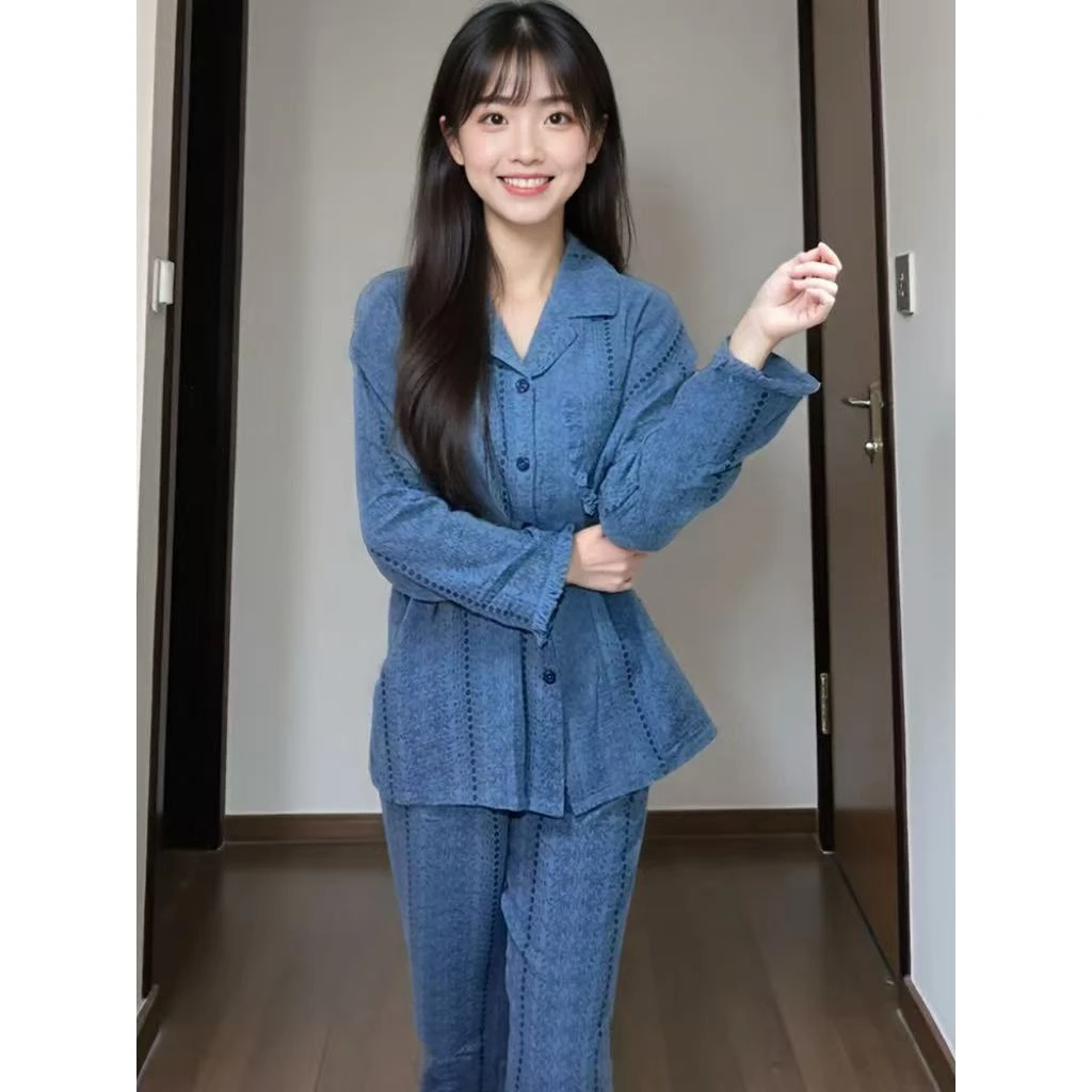 翻领高级感睡衣女春秋季带胸垫防凸点波西米亚风家居服套装可外穿