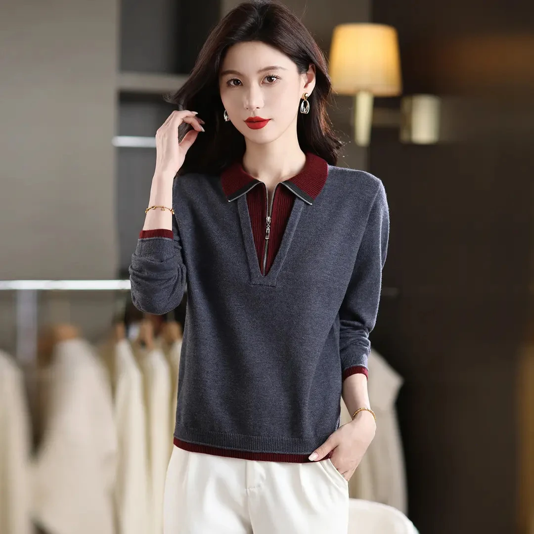假两件翻领拉链毛衣女士秋冬2025新款时尚内搭大码宽松针织打底衫