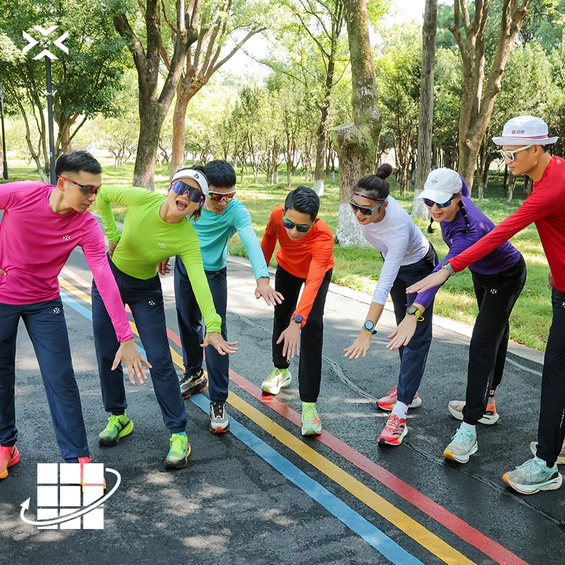 有为者男女款马拉松运动跑步长袖t恤呼吸方格交叠领训练速干衣服