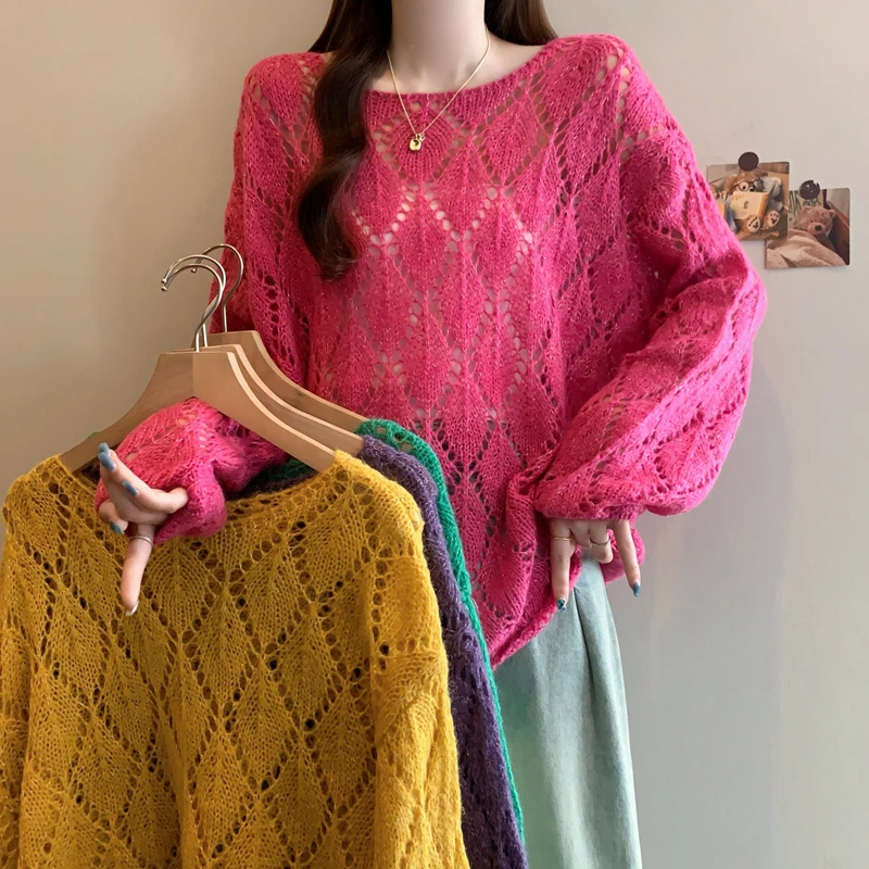 大码早秋洋气显瘦多巴胺彩色时尚减龄镂空长袖针织上衣