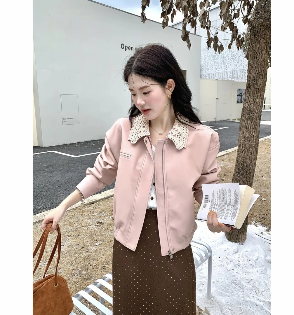 拼接常规款法式女装翻领粉色皮衣显瘦轻奢长袖少女风1001