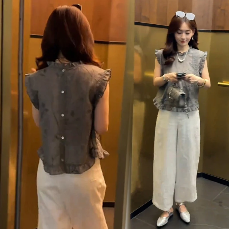 好看显瘦减龄韩系2025夏季新款花边设计感无袖上衣休闲裤套装女