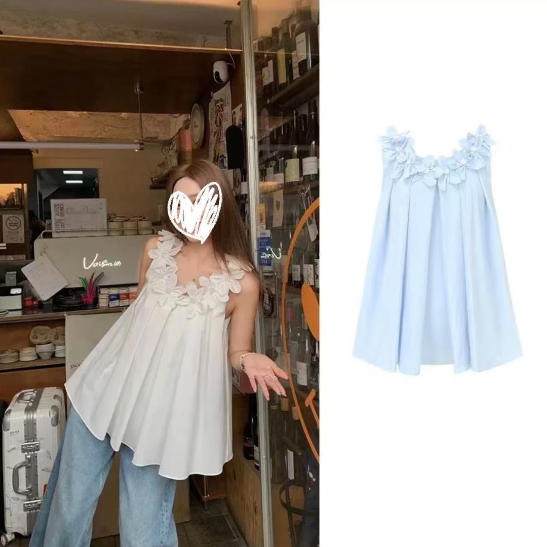 （苏黎白月光）重工立体花朵白色连衣裙女夏无袖背心-连衣裙5271#