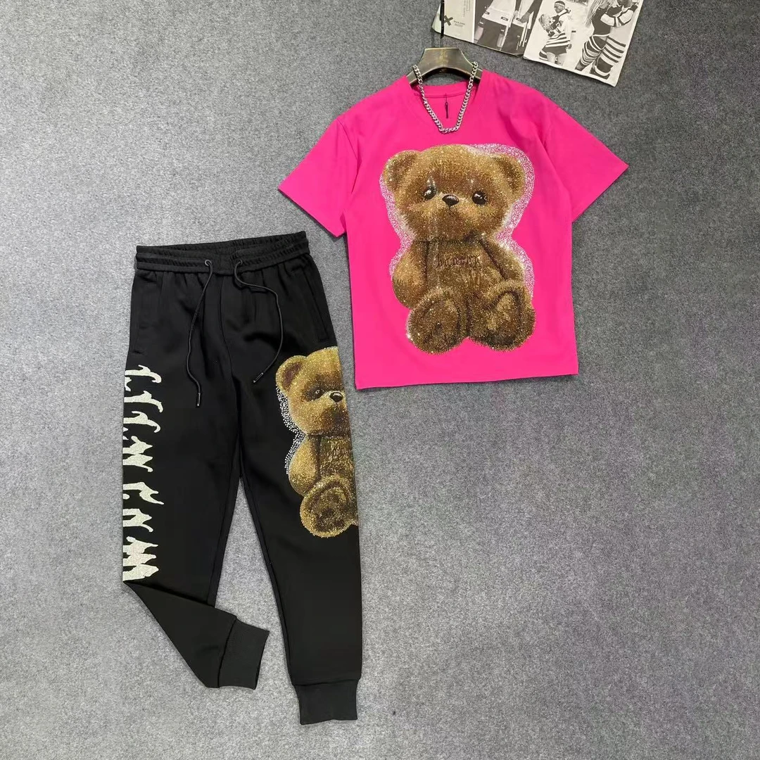 11902-03 新款潮牌烫钻小熊满钻短袖T恤男大码潮宽松韩版半袖t恤