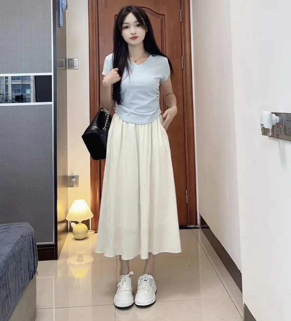 【年中大促】半身裙女夏季薄款高腰a字显瘦伞裙百褶长裙小个子3605