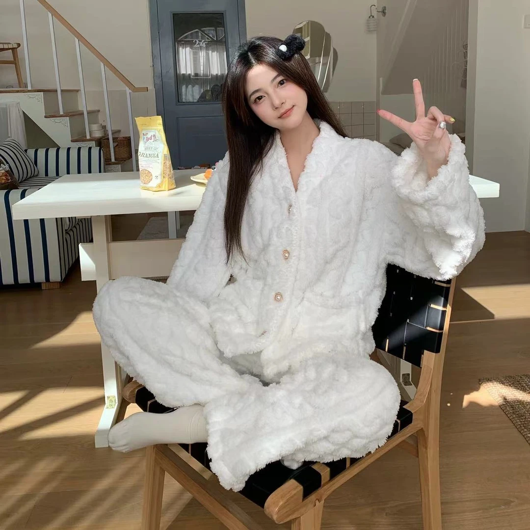 新款小香风秋冬加绒加厚北极绒爆款保暖毛绒家居服女士长袖套装