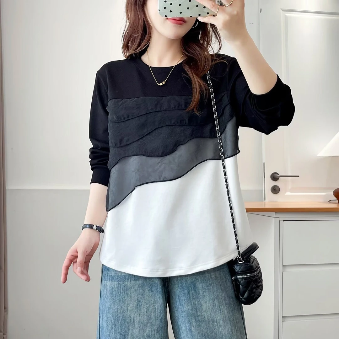 大码胖mm设计感百搭时尚拼接长袖T恤女秋季新款减龄遮肚上衣173