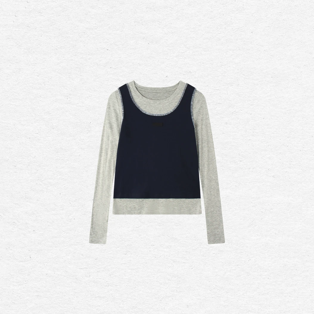 徐66【​型格间叙】长袖针织毛针织衫长袖上衣春季套头打底衫拼色