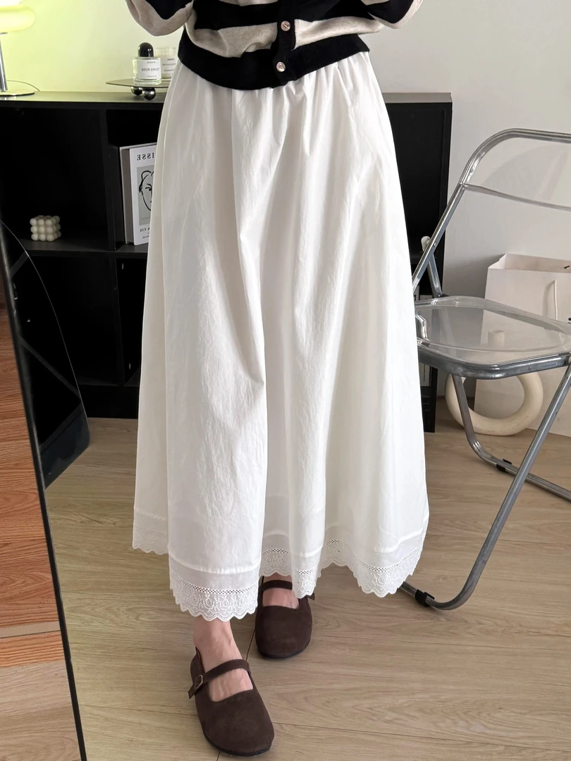 高级感韩系蕾丝边白色半身裙女春夏新款小个子a字花苞伞裙长裙子