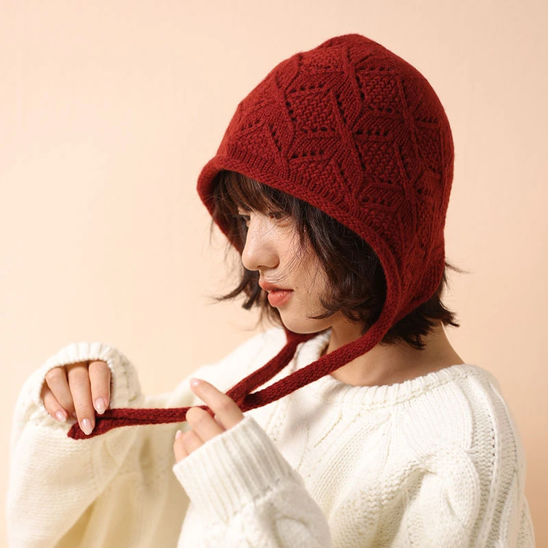 100%澳洲纯羊毛甜美钩花双绳帽可爱针织帽微卷边女生秋冬包头帽
