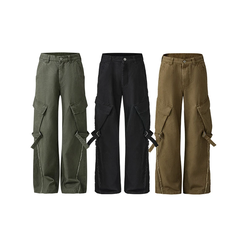 Luminelle毛须磨边绑带工装裤 美式做旧A字版型直筒宽松休闲裤