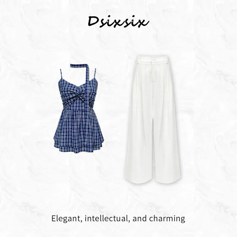 Yeah Me/也觅【海风气泡】夏季时尚气质高级感格纹显瘦吊带套装女装