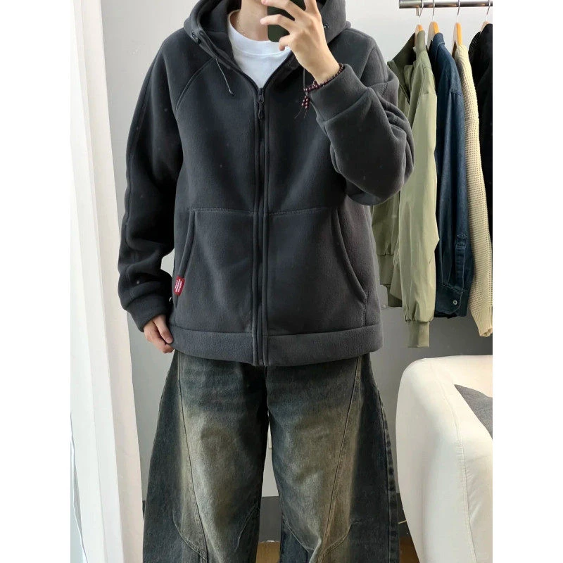 cleanfit双面摇粒绒连帽卫衣男款秋季美式复古重磅帽衫情侣款夹克