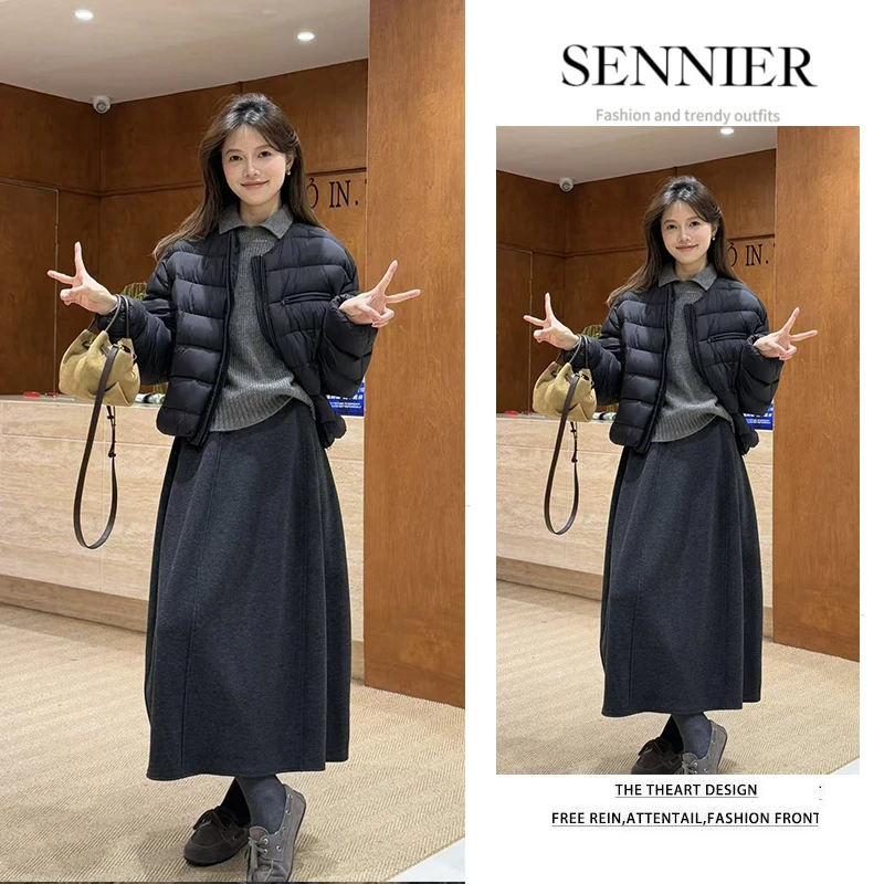 秋冬穿搭一整套女2025新款韩版洋气棉服外套针织衫半身裙三件套装