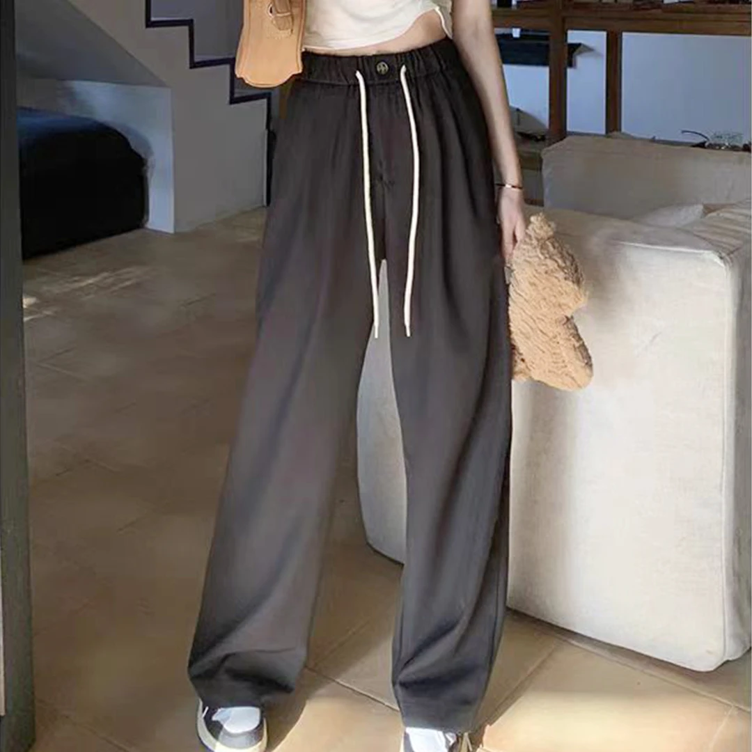 女设计感春秋时尚潮流松紧腰宽松直筒阔腿裤气质女休闲裤1F671