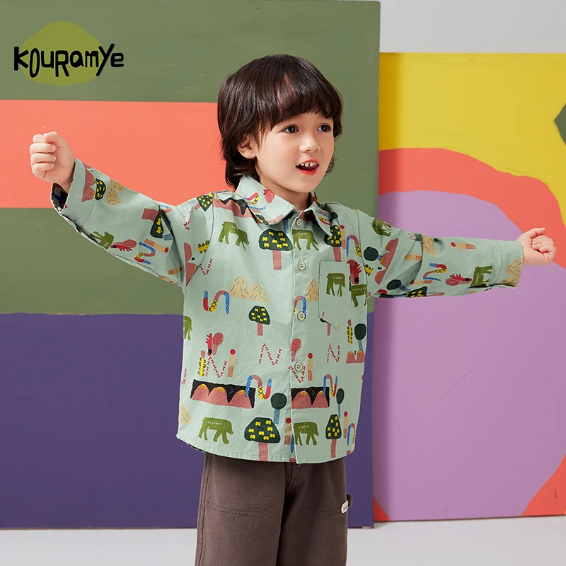 酷娃米春秋款中小男女童舒适百搭森林动物翻领衬衫20592