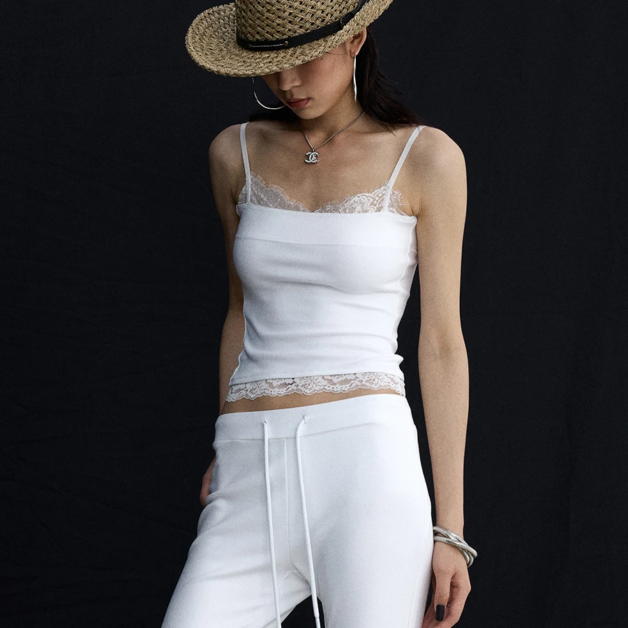 ourhour 假两件撞色 白色蕾丝拼接一字吊带上衣 短款显瘦修身打底